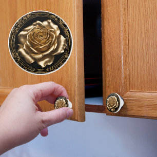 Gold on Black Giant Framed Rose Ceramic Knob