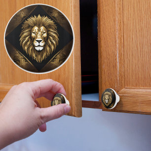 Gold on Black Lion Ceramic Knob