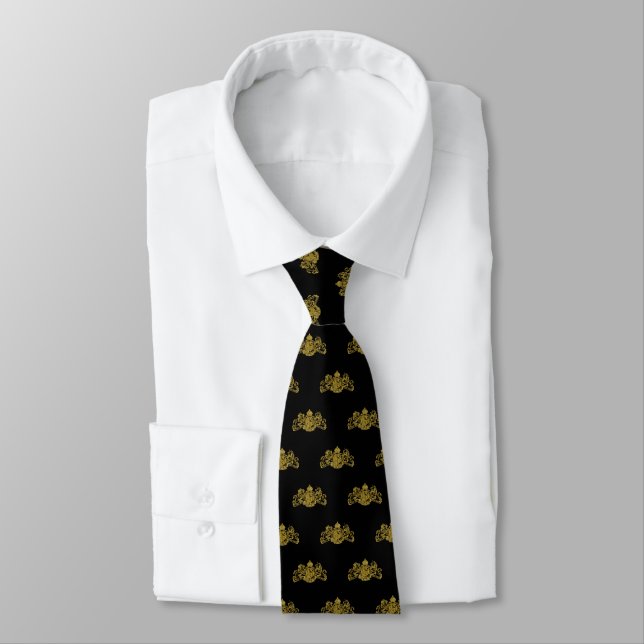 Gold On Black Lion Unicorn Emblem Tuxedo Tie (Tied)