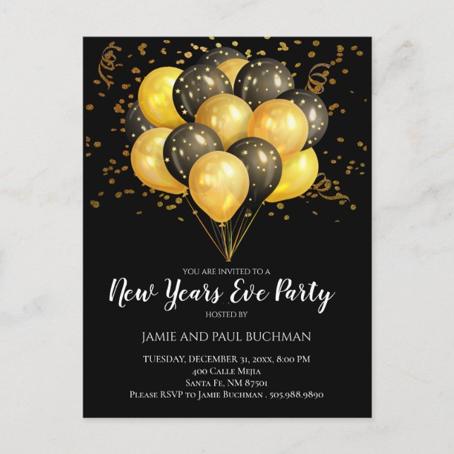 Gold On Black New Years Eve Balloons Party Postcard (Front)