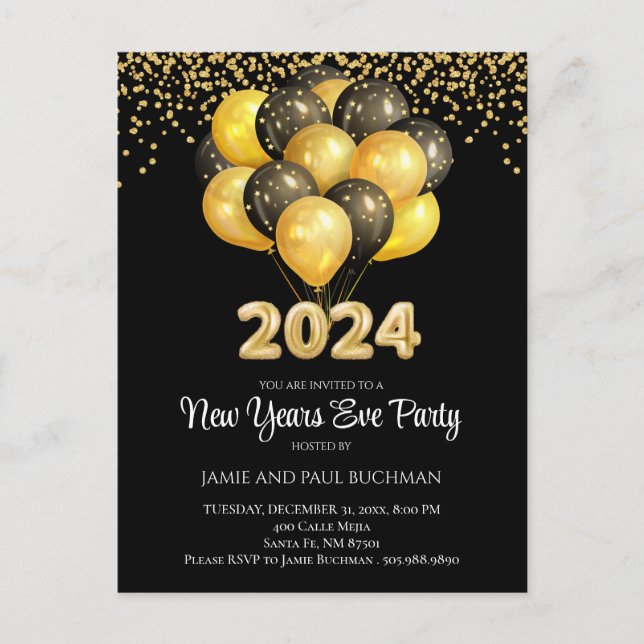 Gold On Black New Years Eve Balloons Party  Postcard (Front)