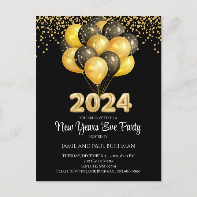 Gold On Black New Years Eve Balloons Party  Postcard (Front)