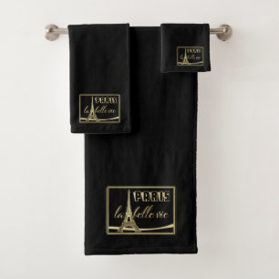 Gold on Black Paris Eiffel Tower Bath Towel Set