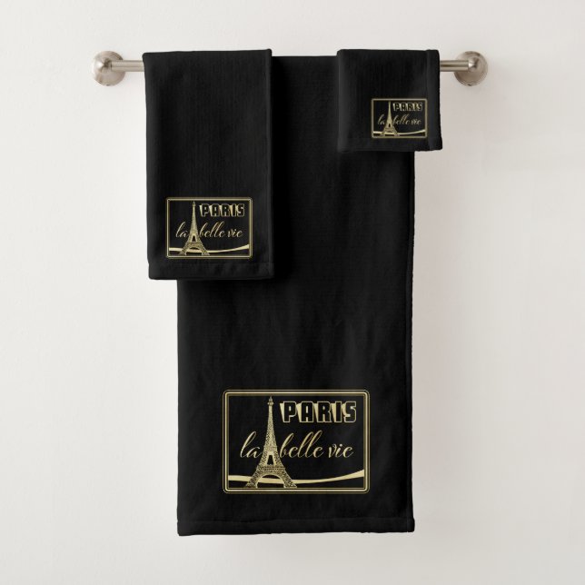 Gold on Black Paris Eiffel Tower Bath Towel Set (Insitu)