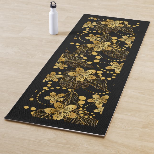 Gold on black tropical flowers and leaves pattern yoga mat (In Situ)
