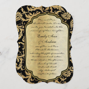 Gold on Black Vintage Damask Wedding Invitation