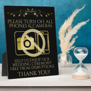 Gold on Black Wedding No Phones or Cameras Sign Plaque