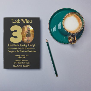 Gold on Black with photo 30th Birthday Invitation