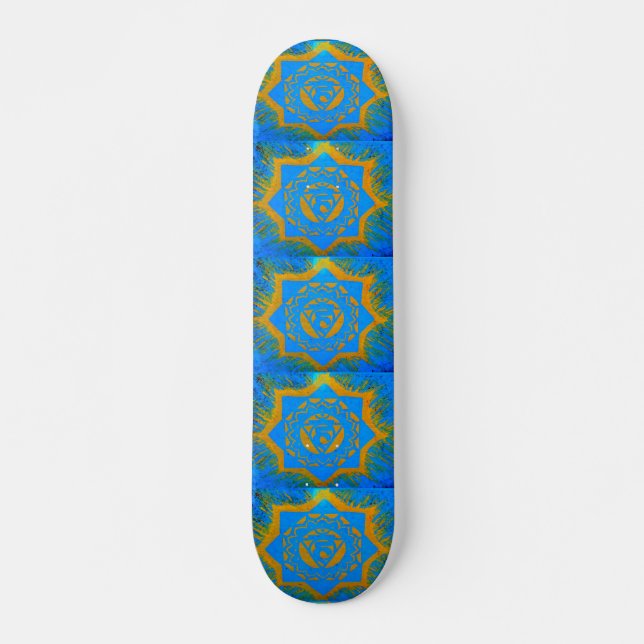 gold on blue tantric symbol skateboard (Front)