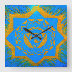 gold on blue tantric symbol square wall clock