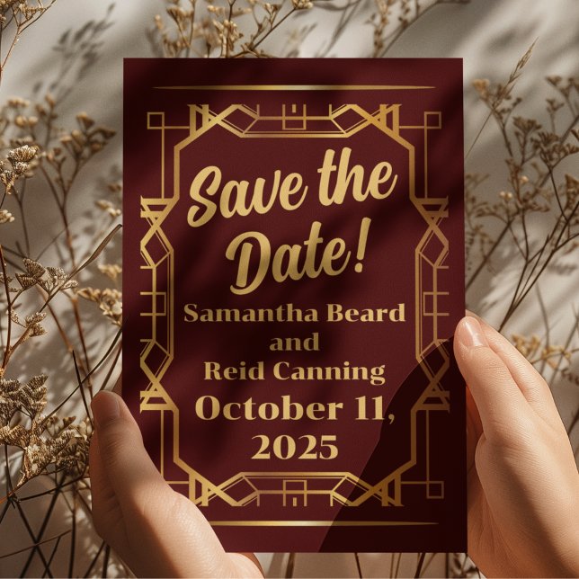 Gold on Burgundy Art Deco Save-the-Date Postcard (Creator Uploaded)