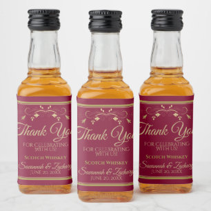 Gold on Burgundy Maroon Wedding Thank You Mini Liquor Bottle Label
