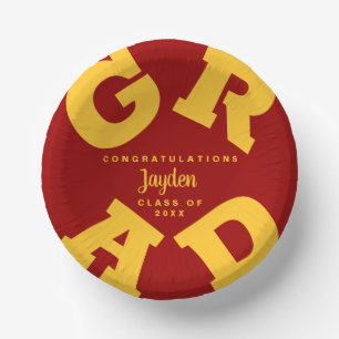 Gold on Cardinal Red Bold Graduation Paper Plate