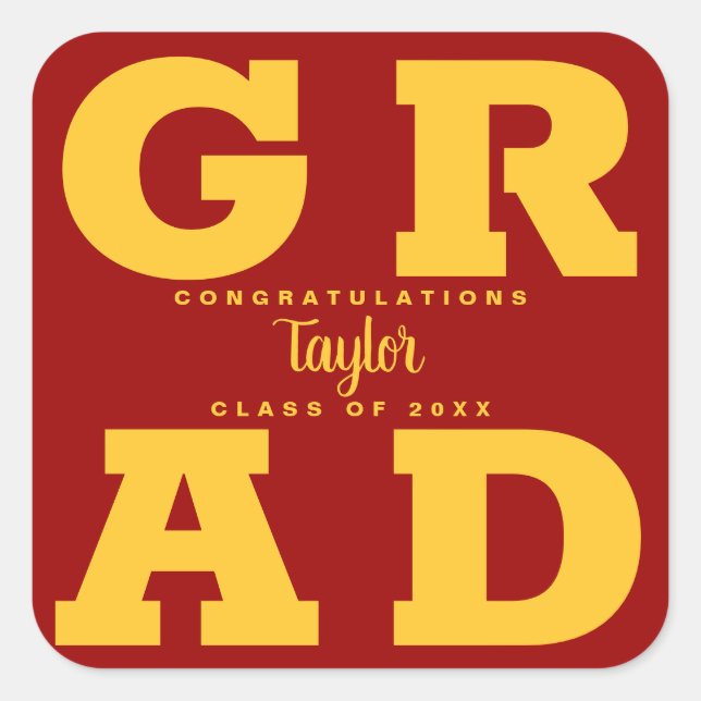 Gold on Cardinal Red Bold Graduation Party Square Sticker (Front)