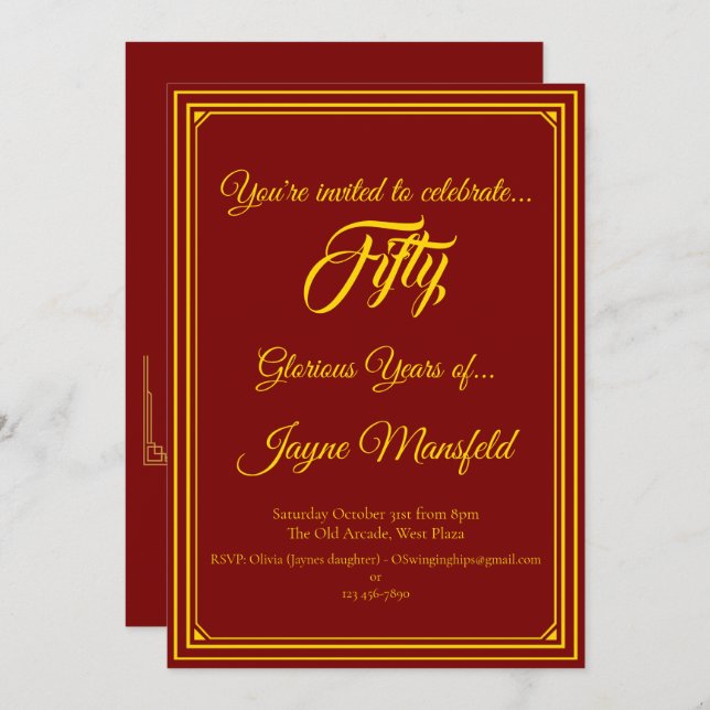 Gold on Deep Red Birthday Party Invitation (Front/Back)
