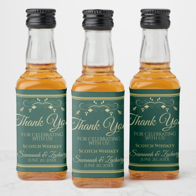 Gold on Emerald Green Wedding Thank You Mini Liquor Bottle Label (Bottles)