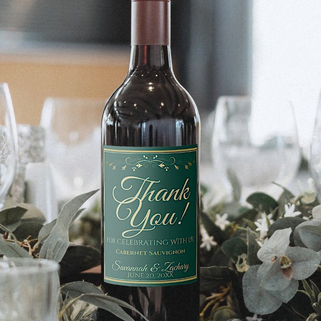 Gold on Emerald Green Wedding Thank You Wine Label (Creator Uploaded)