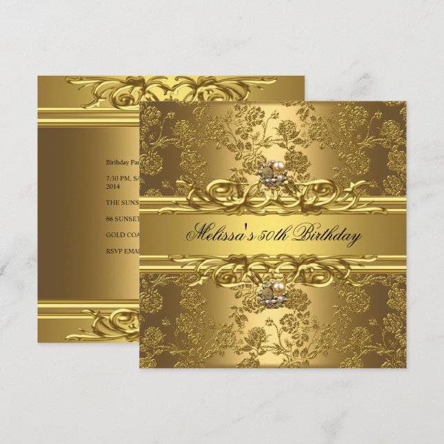 Gold On Gold 50th Birthday Party Jewels Floral Invitation (Front/Back)