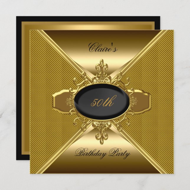 Gold On Gold Black 50th Birthday Party 3 Invitation (Front/Back)