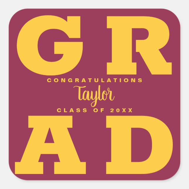 Gold on Maroon Bold Graduation Square Sticker (Front)