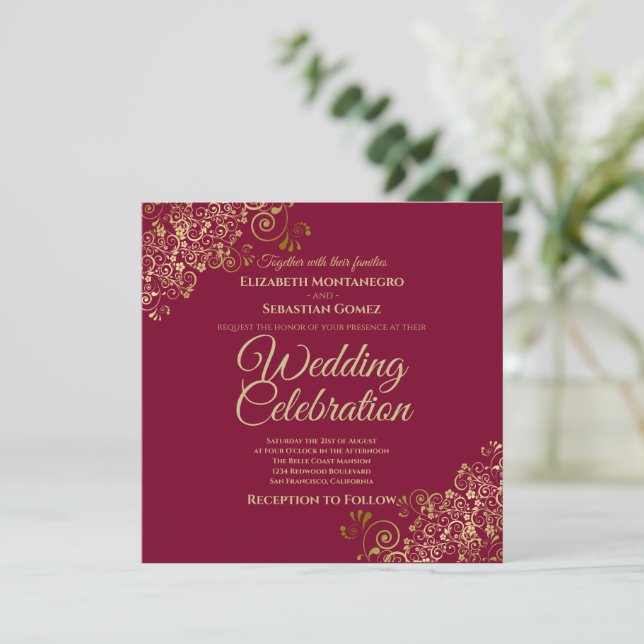 Gold on Maroon Simple Elegant Square Wedding Invitation (Standing Front)