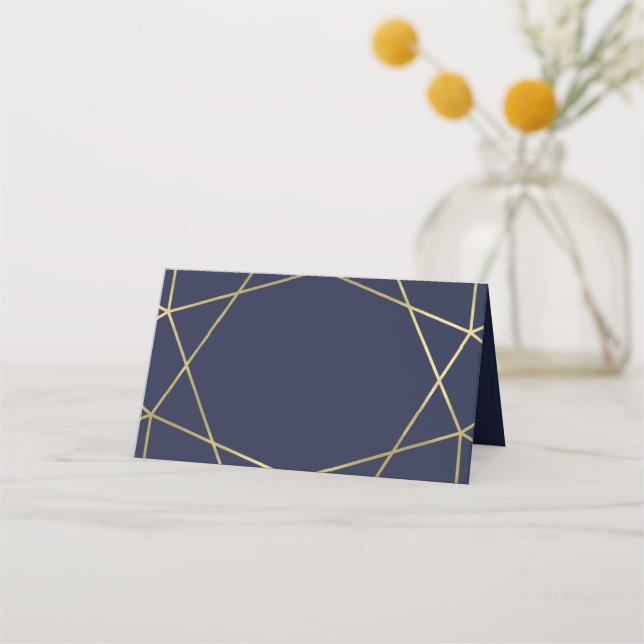 Gold on Navy Blue Geometric Wedding Place Cards (Front)