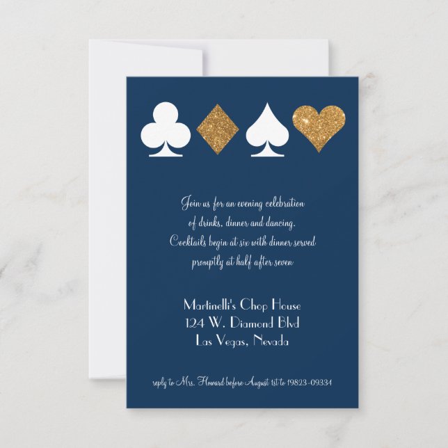 Gold on Navy Blue Las Vegas Wedding Reception Card (Front)