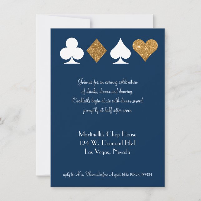 Gold on Navy Blue Las Vegas Wedding Reception Card (Front)