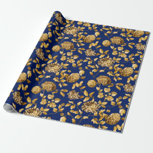 Gold On Navy Blue Modern Vintage Floral Toile Wrapping Paper