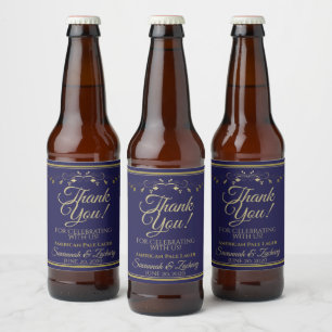 Gold on Navy Blue Wedding Thank You Beer Bottle Label