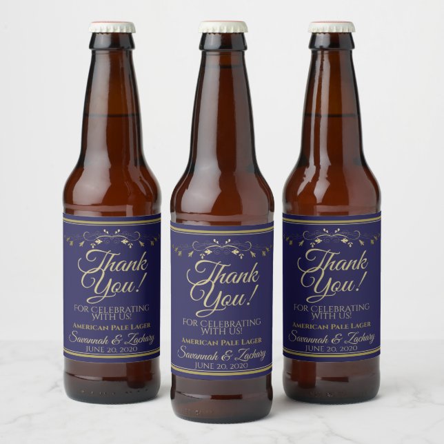 Gold on Navy Blue Wedding Thank You Beer Bottle Label (Bottles)