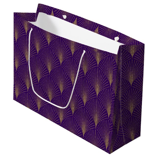 Gold on Purple Art Deco Pattern Large Gift Bag (Front Angled)