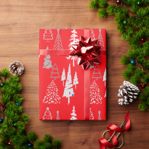 Gold on Red Christmas Trees Wrapping Paper