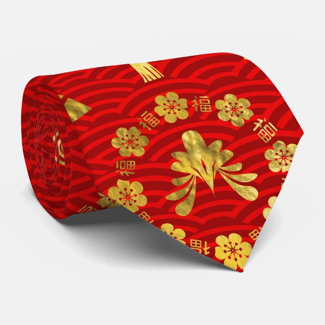 Gold on Red  Lucky Chinese Symbols  Pattern Tie (Rolled)