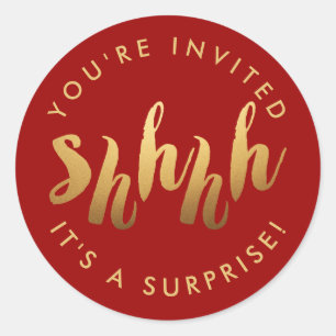 Gold on Red Shh Surprise Custom Colour Birthday Classic Round Sticker