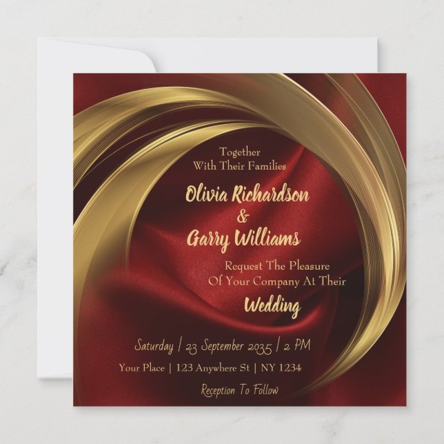 Gold On Red Silk Personalised Wedding Invitation (Back)