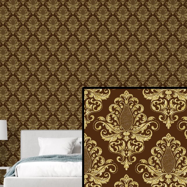 Gold on Rich Brown Classic Damask Pattern Wallpaper (Creator Uploaded)