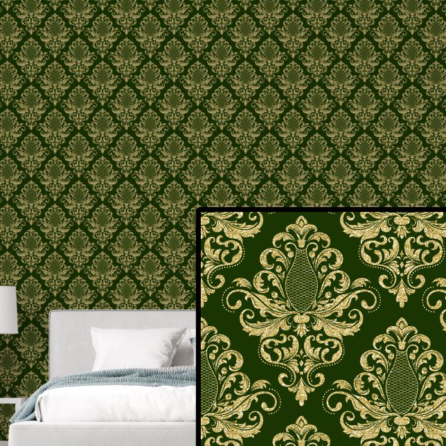 Gold on Rich Dark Green Classic Damask Pattern Wallpaper (Creator Uploaded)