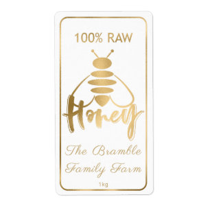 Gold On White 100% Raw Honey Bee Label Apiary