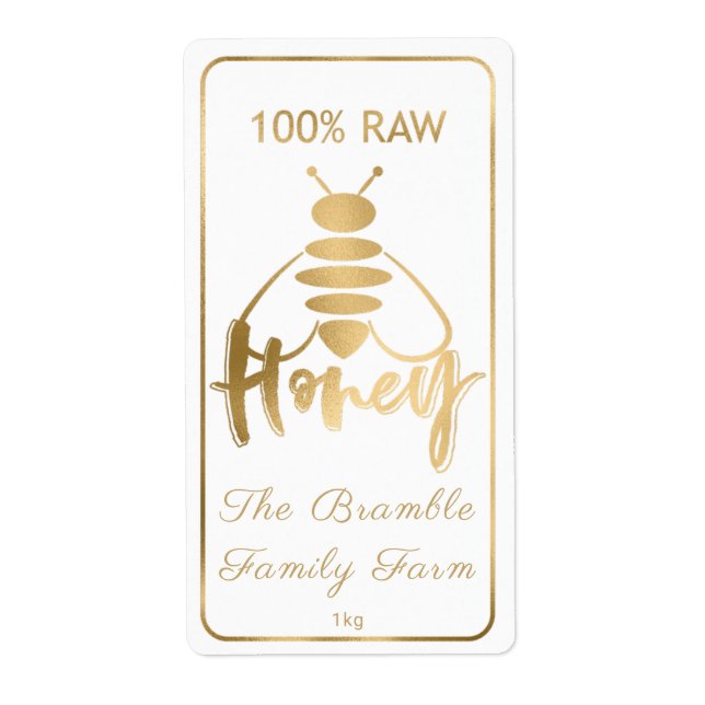 Gold On White 100% Raw Honey Bee Label Apiary (Front)