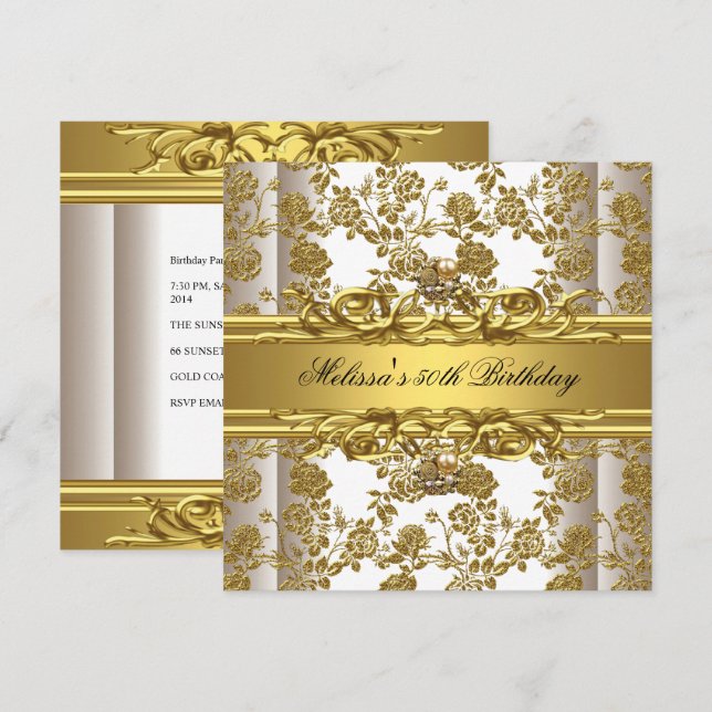 Gold On White 50th Birthday Party Jewels Floral Invitation (Front/Back)
