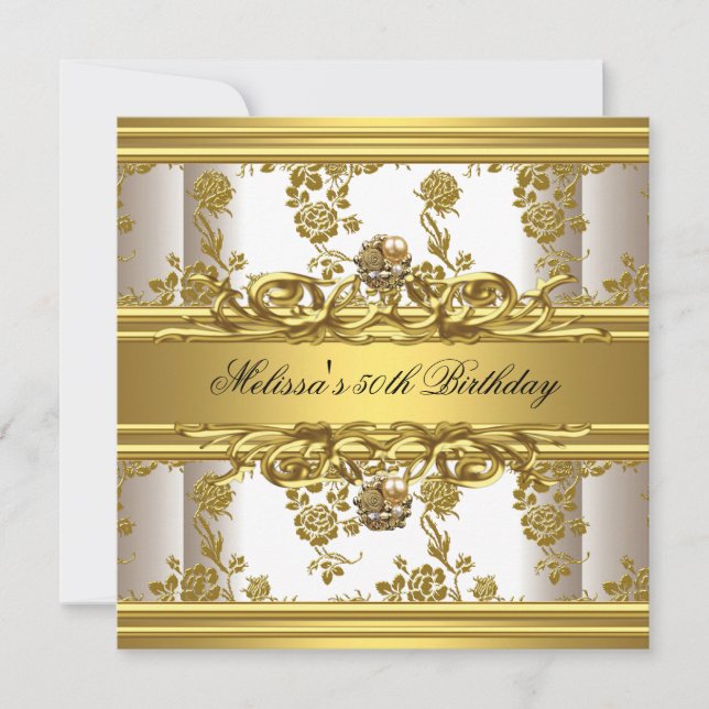 Gold On White 50th Birthday Party Jewels Floral Invitation (Front)