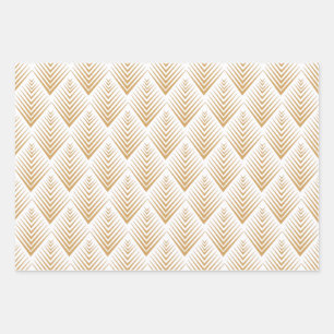 Gold on White Art Deco Fan Flowers Pattern   Wrapping Paper Sheet