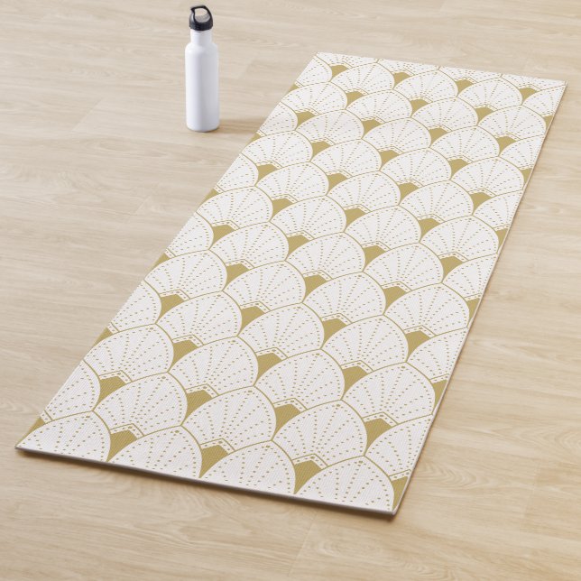 Gold on White Art Deco Geometric Pattern Yoga Mat (In Situ)
