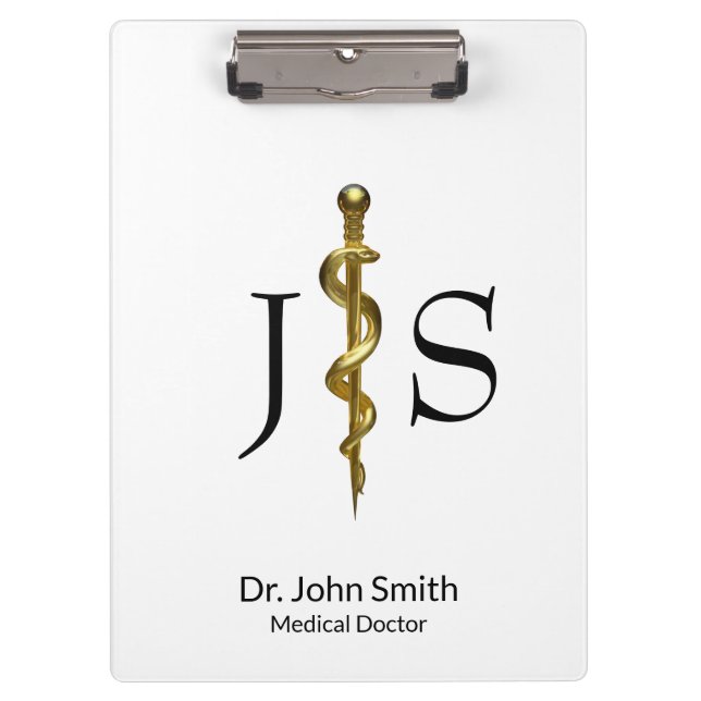 Gold on White Classy Rod of Asclepius Medical Clipboard (Front)