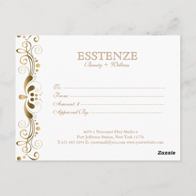 Gold On & White  Floral Lace Gift Certificate Postcard (Back)