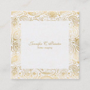 Gold on white Floral Paisley Square Business Card