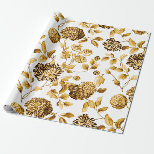 Gold On White Modern Vintage Large Floral Toile Wrapping Paper