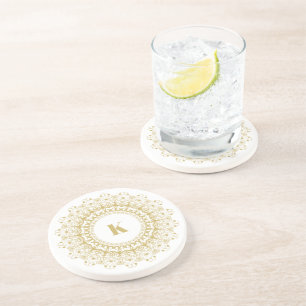 Gold on white ornate mandal circle design coaster