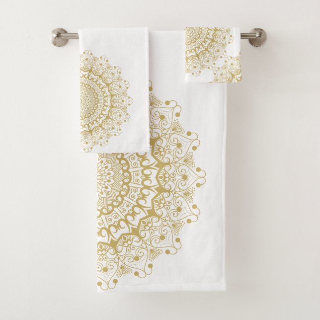 Gold on white ornate mandal pattern bath towel set (Insitu)